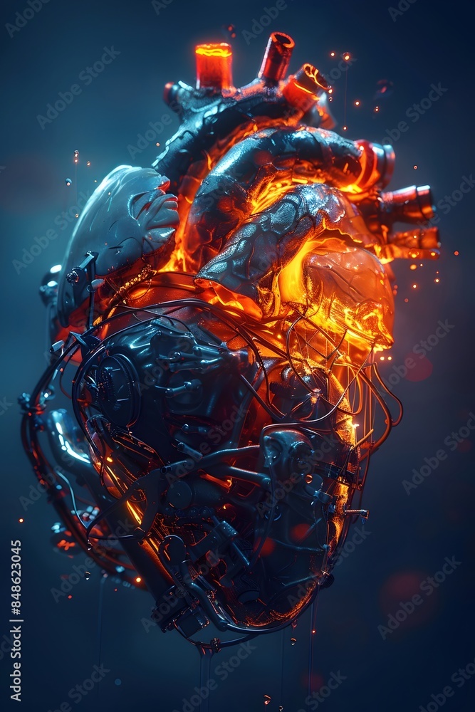 Wall mural intertwined digital of a human heart and motorcycle engine radiating ethereal energy