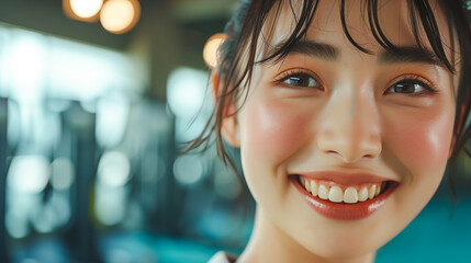 Obraz premium トレーニングジムで笑顔の若い女性