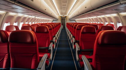 Fototapeta premium Interior of airplane with red seats and white ceiling. 3d rendering