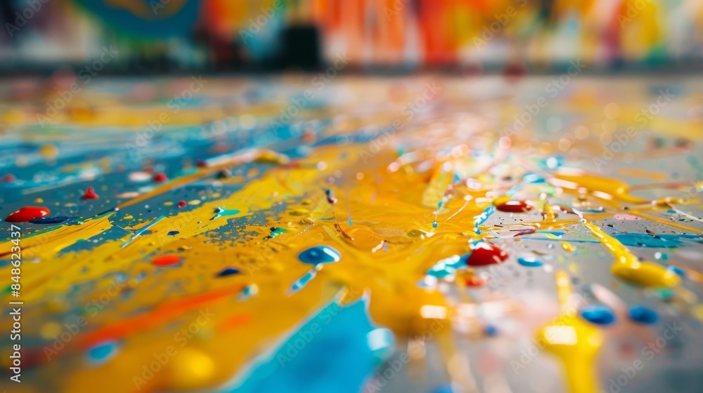 Poster unfocused abstract patterns of paint splatter on the floor.