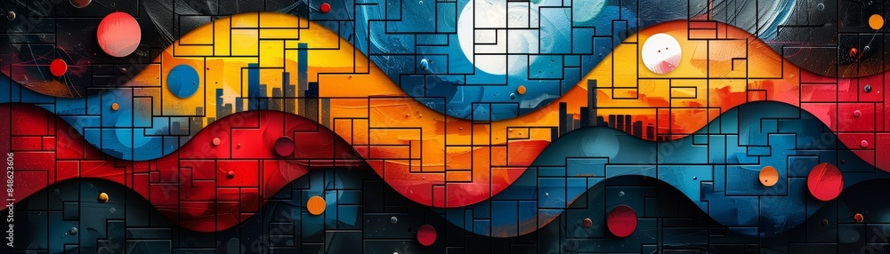 Poster Abstract art with colorful shapes and grid pattern.