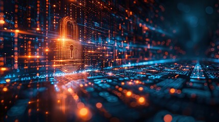 Fototapeta premium Digital image of the lock. The concept of aesthetic security. Big data flow. Modern data safety backdrop. Generative AI