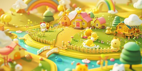 
Tiny cute isometric A beautiful rainbow village morning scene. Sunlight shines on the golden wheat field and dozens of small animals are busy. Describe the rainbow village morning scene, 2:1
