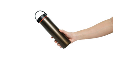 Close-up of  male hand holding a reusable eco-thermo stainless steel water bottle with mockup,Isolated on white background. Free from plastic Zero waste