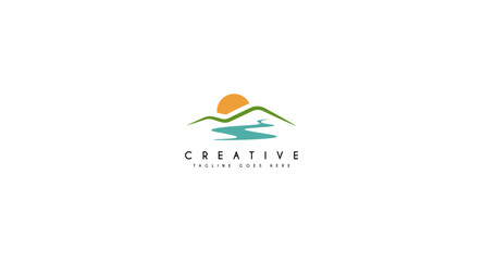 Panorama view landscape mountain with river logo design vector illustration.