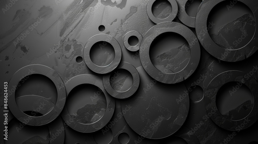 Poster abstract background of overlapping black circles in various sizes, creating a modern and minimalist 