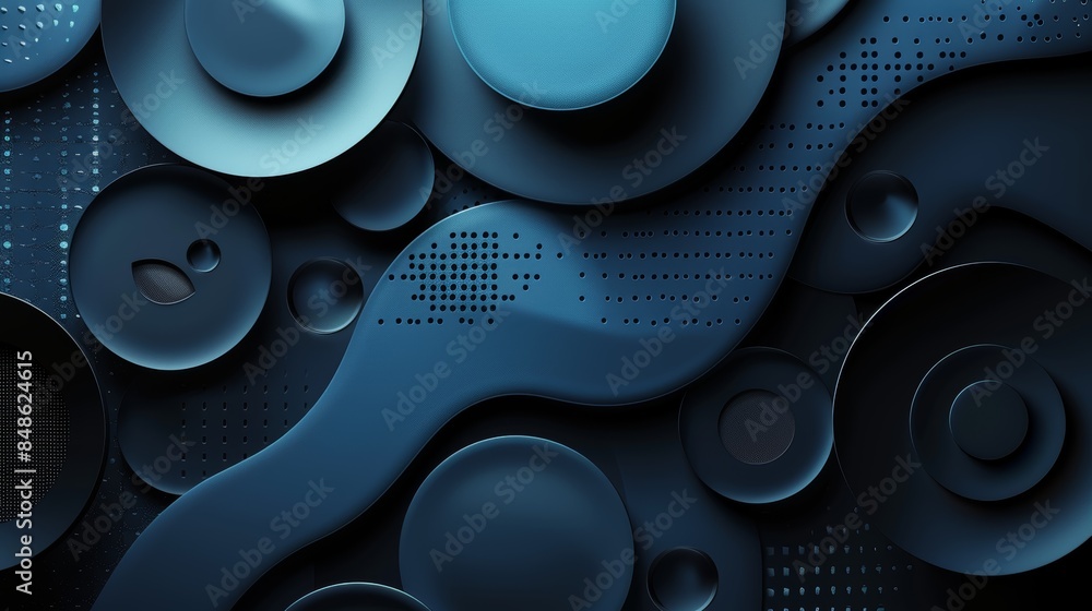 Poster abstract blue background with overlapping circles and textured shapes.