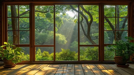 Window offers an amazing view of the forest with serene beauty beyond. Serene, calm aesthetic atmosphere. Generative AI