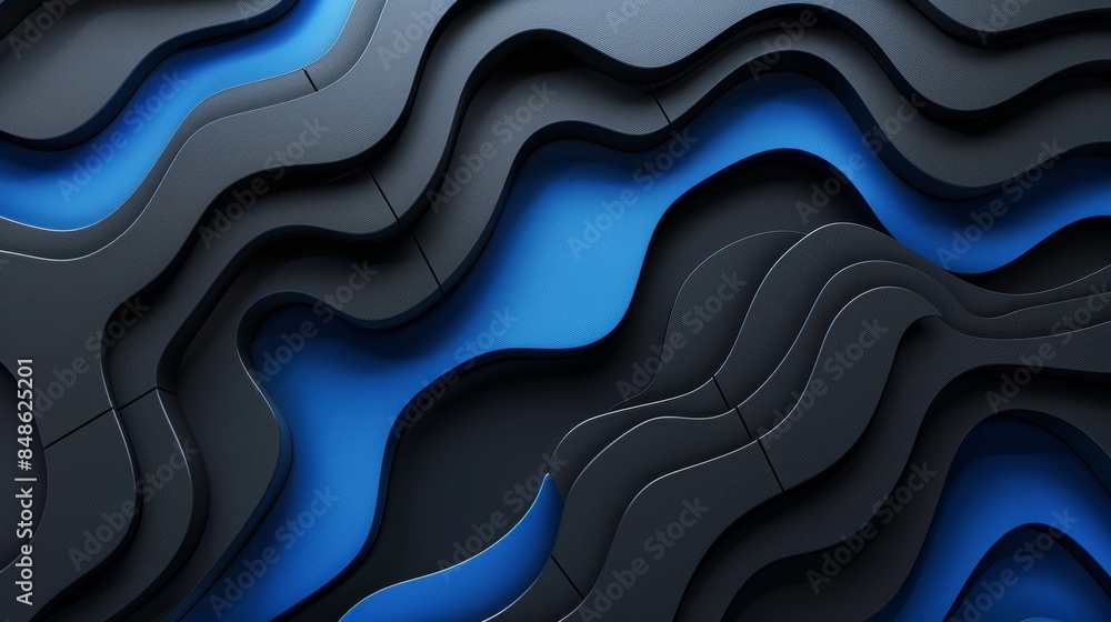 Poster abstract 3d rendering of layered black waves against a blue background. a modern and dynamic design.