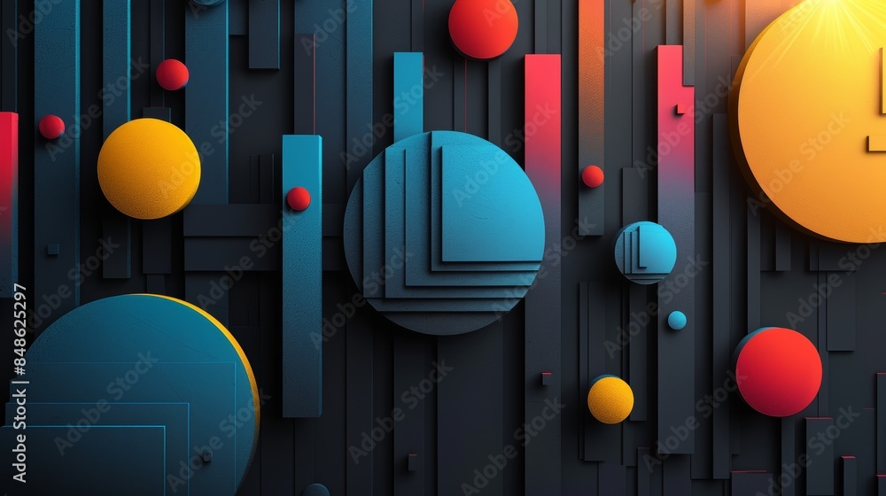 Poster abstract geometric background with colorful circles and rectangles on a dark textured surface.