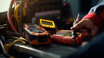 A person is holding a multimeter and other tools