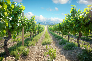 Naklejka premium A vibrant vineyard with lush green grapevines under a bright blue sky, showcasing the beauty of agriculture and nature in harmony.