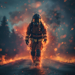 Fototapeta premium Brave firefighter in full gear walks through flames, showcasing courage and danger in a dramatic, intense scene set ablaze.