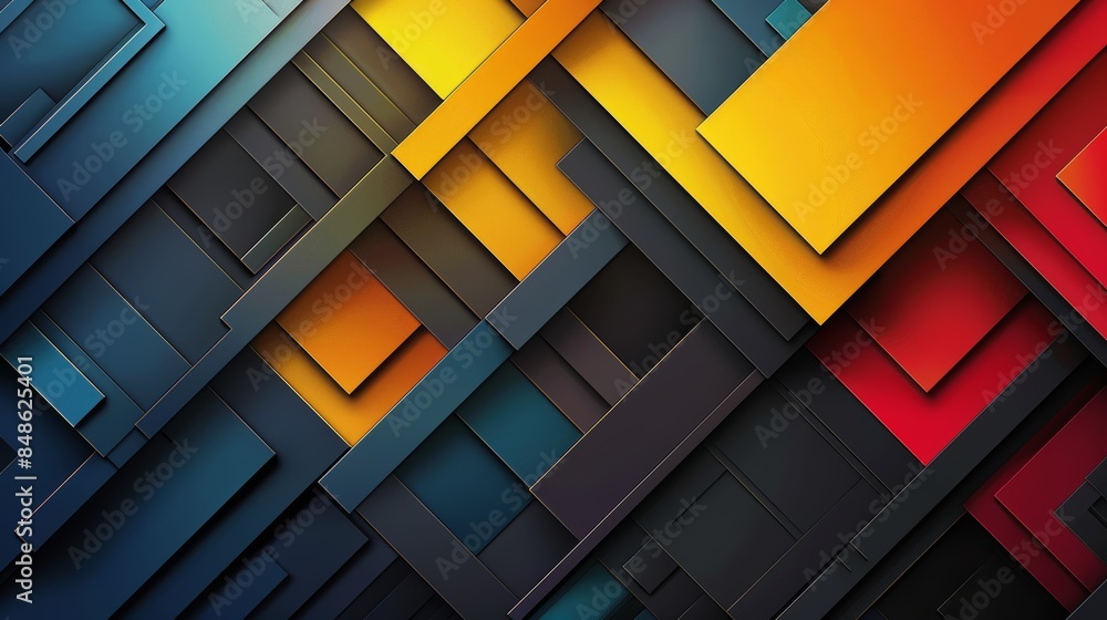 Poster abstract geometric pattern with vibrant colors, featuring overlapping squares and rectangles in shad