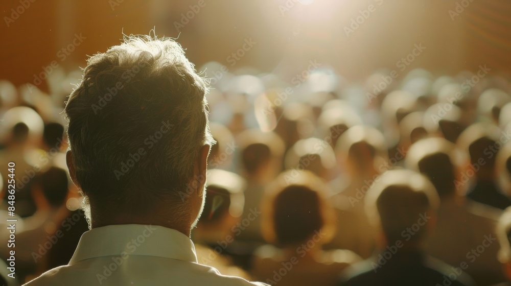 Poster defocused shapes of a speaker and a blurred crowd at an engaged public lecture.