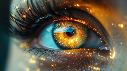 Close-up of a human eye enhanced with futuristic digital technology, representing innovation in augmented reality and cybernetic advancements