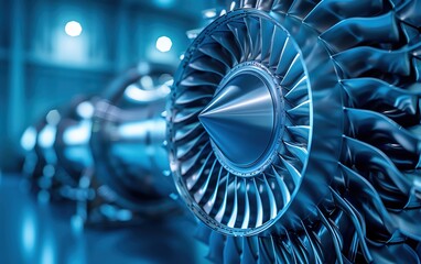 Close-up of a jet engine turbine showcasing intricate engineering and metallic details, ideal for technology and industrial themes