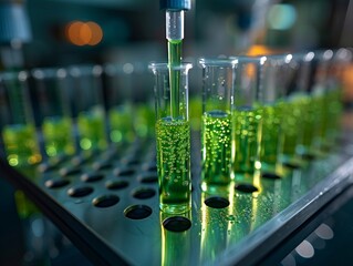 A close up of test tubes in a lab filled with green liquid. 