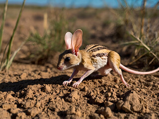 A jerboa is darting into its burrow to escape a predator, its long legs and tail aiding in its swift movements.