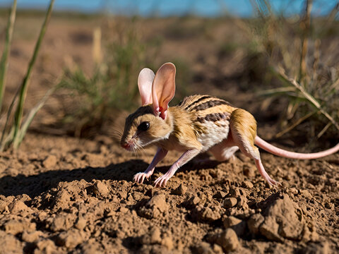 A jerboa is darting into its burrow to escape a predator, its long legs and tail aiding in its swift movements.