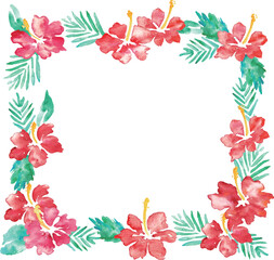 水彩画。水彩タッチのハイビスカスベクターフレーム。南国風ハイビスカスの背景。Watercolor painting. Hibiscus vector frame with watercolor touch. Tropical style hibiscus background.