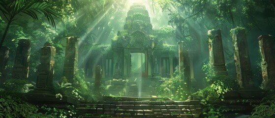 Ancient temple ruins in a lush, green forest with sunlight filtering through the trees, creating a mystical and enchanting atmosphere.