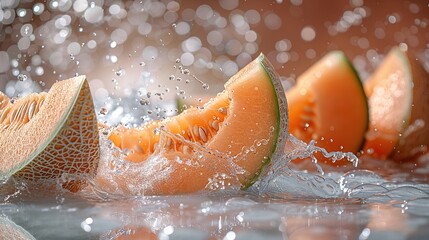 Cantaloupe cut into 4 pieces flying through the air with a splash, showcasing explosive liquid and water translucency, set against a clean background with light and shadow play.