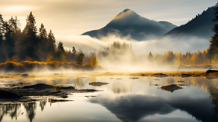 Misty Dawn Lake with Tree Reflections and Mountain Backdrop