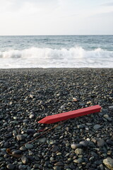 海岸にあった赤い杭の漂流物