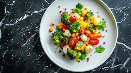 A portrait of a white plate sitting on a beautiful black marble counter containing delicious assortment of vegetables during a bright sunny day