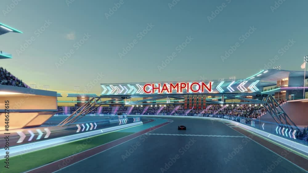 Poster speeding formula one race car on illuminated night track with vibrant lights and cheering spectators