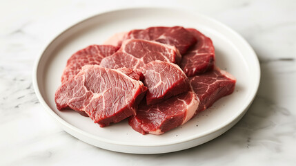 Fototapeta premium Portrait of a white plate sitting on a beautiful White marble table containing delicious slices of steak during a sunny day 