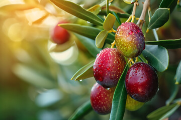 Obraz premium Green olives on olive tree branch in olive grove at sunset