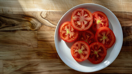 Portrait of a white plate sitting on a beautiful wooden table containing delicious slices of  organic, healthy and fresh tomatoes during a sunny day with a kitchen background