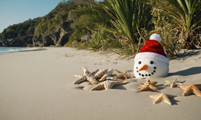 Obraz premium snowman on the beach christmas july