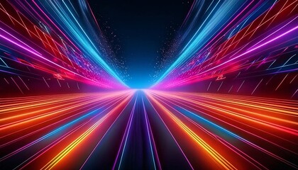 Neon futuristic flashes on black background. Motion light lines backdrop. For banner, postcard, AI