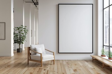 Mockup of blank wall with poster in office room created with Generative AI