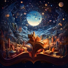 Visualization of books and the world,Flat World Book Day Illustration Open book with a fantasy world popping out Generative AI,

