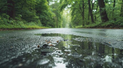 Moist road surface with standing water in a wooded area