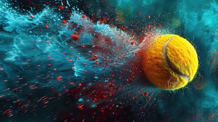 Yellow tennis ball impacting a racket, enveloped in a burst of  powder. Focus on the moment of contact, highlighting the textures of the ball&rsquo;s felt and racket strings, 