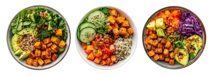 Three vegan bowls containing sweet potatoes, avocado and other various seeds and vegetables, vegetarian food, isolated on transparent background, top view