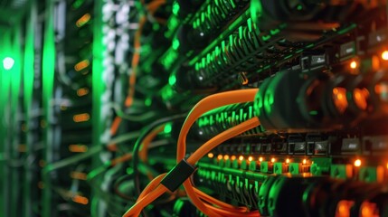 technology data center server. optical fiber, network switch port