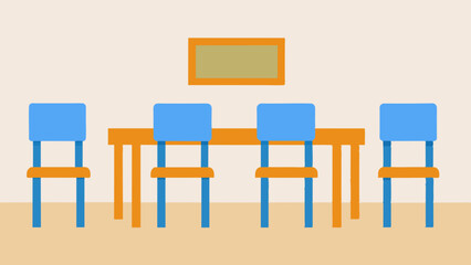 Image of a classroom setup with desks and chairs arranged neatly.  Illustration showing a typical classroom layout with desks and chairs. 