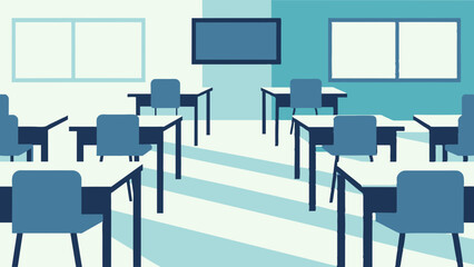 Image of a classroom setup with desks and chairs arranged neatly.  Illustration showing a typical classroom layout with desks and chairs. 