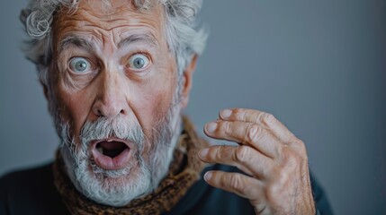 Shocked Middle-Aged Hoary Senior Man Covering Mouth with Hands for Mistake: Secret Concept in Realistic, Clean, and Minimal Style