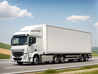 Fototapeta premium A white cargo truck design with a white blank empty trailer for an ad on a highway road in Europe design. 