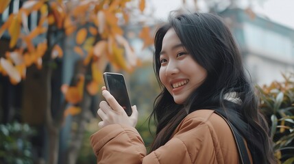A young Asian woman holding a smartphone and smiling : Generative AI