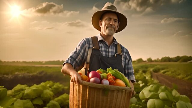 Farmer Holding Basket of Fresh Vegetables Generative AI