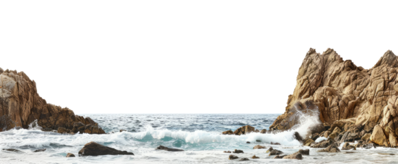 Rocky shoreline with a wave crashing into the rocks, isolated on transparent background