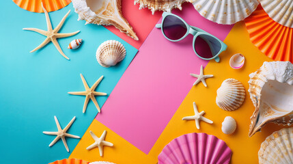 A colorful summer flat lay with seashells, starfish, and turquoise sunglasses on vibrant blue, pink, and yellow backgrounds evokes a lively beach vibe.